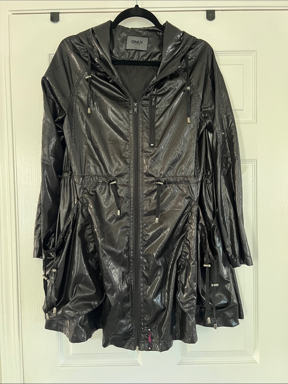 Only Glossy Black Hooded Lightweight Trench Coat